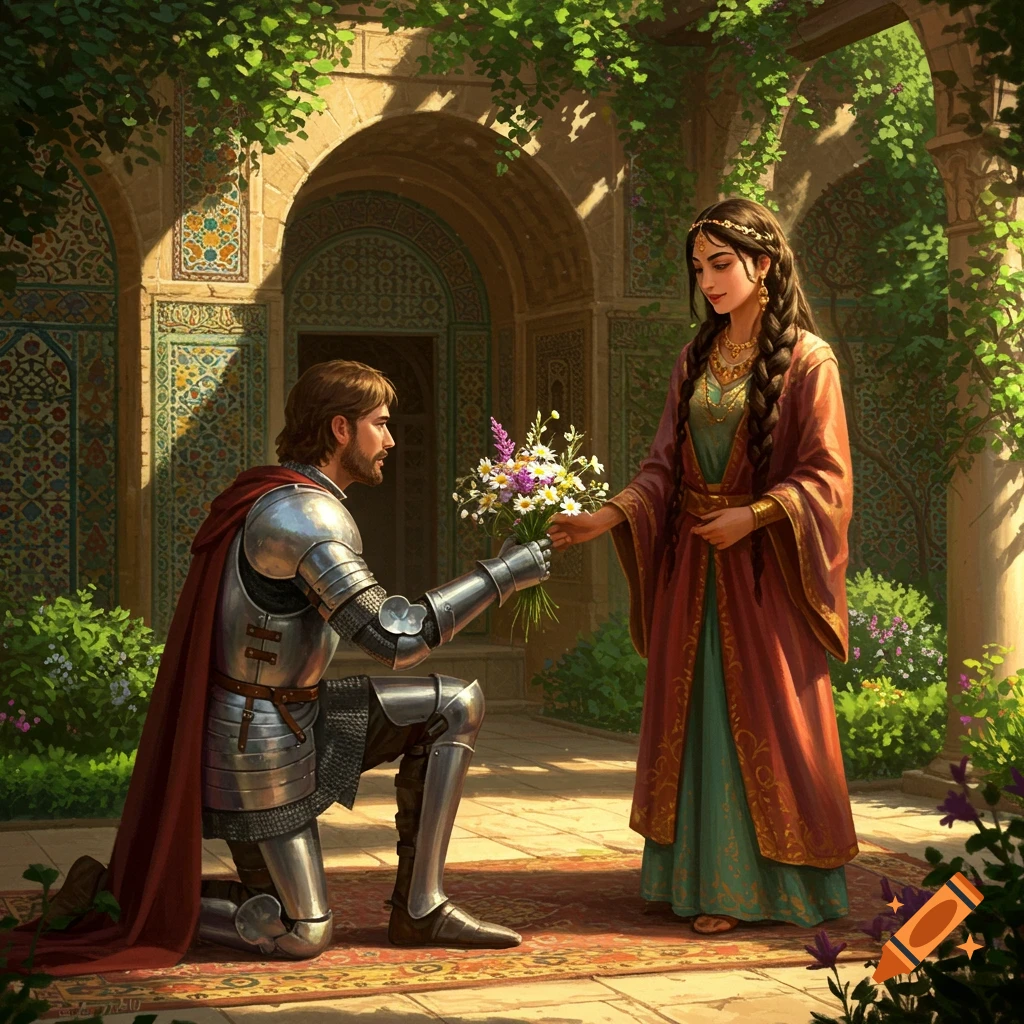 A knight in shining armor kneels, presenting flowers to a woman in a richly decorated courtyard.