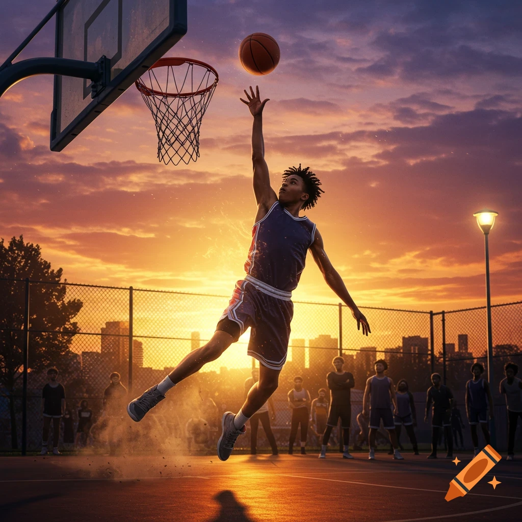 Photorealistic image of a basketball player leaping to the hoop on an outdoor court at sunset, with a city skyline backdrop.