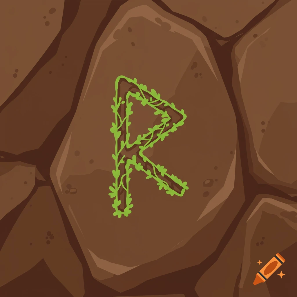 A stylized green vine forms the capital letter R on a textured brown rock surface, in a cartoon illustration style.