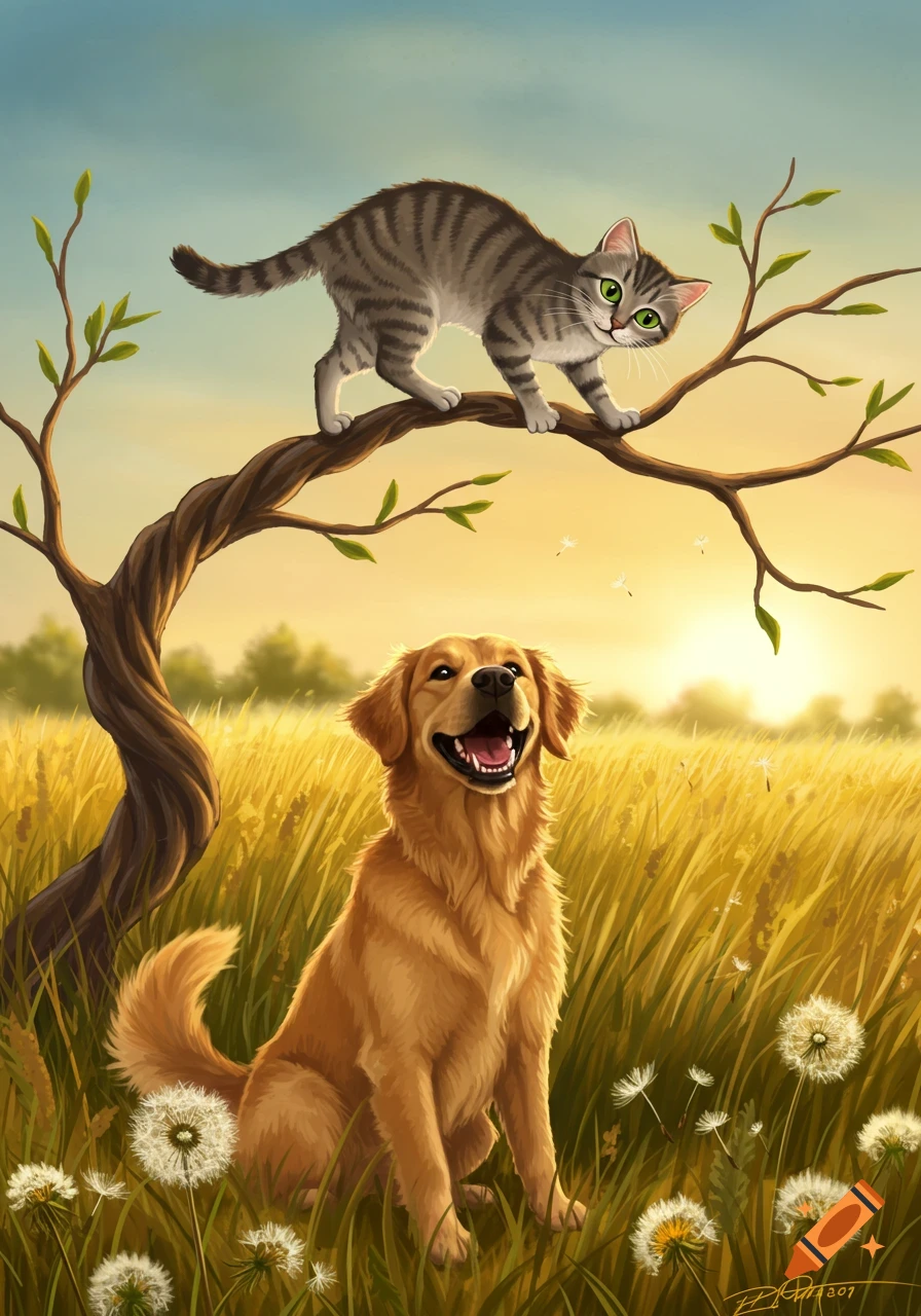 Illustration of a happy golden retriever in a field of dandelions, looking at a tabby cat on a tree branch at sunset.