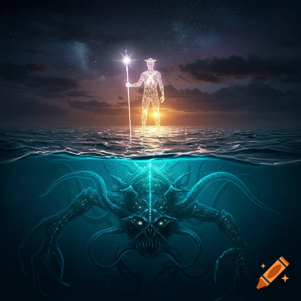 A luminous fractal humanoid stands on a dark ocean surface above a monstrous, many-eyed cosmic horror creature, surreal dark fantasy.