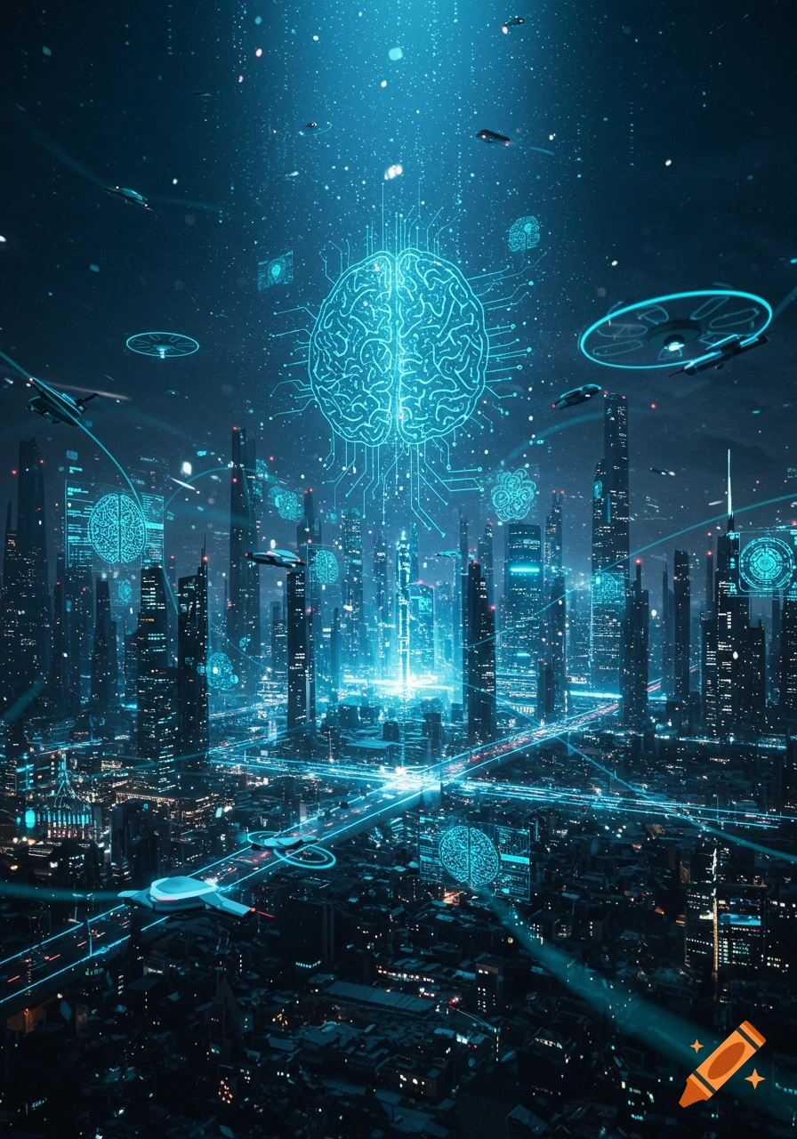 Aerial view of a futuristic city at night, glowing with blue lights, integrated with digital brain circuits and flying vehicles.