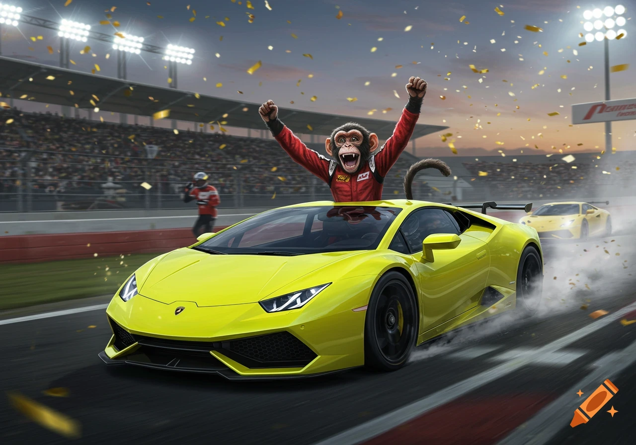 A victorious monkey with arms raised, driving a yellow Lamborghini race car on a track, with confetti falling and a crowd in the background.