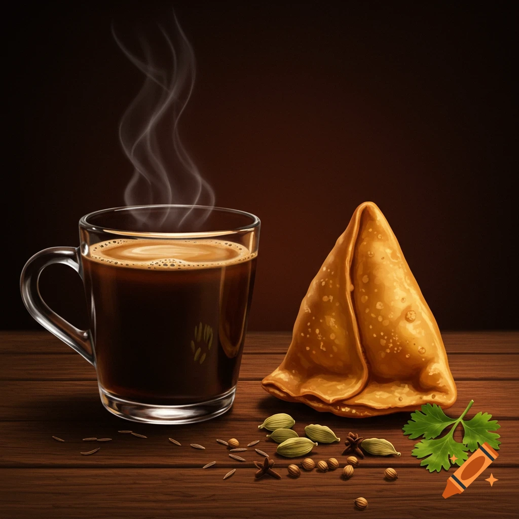 A steaming cup of black coffee next to a golden fried samosa, with cardamom pods and spices scattered on a dark wooden table.