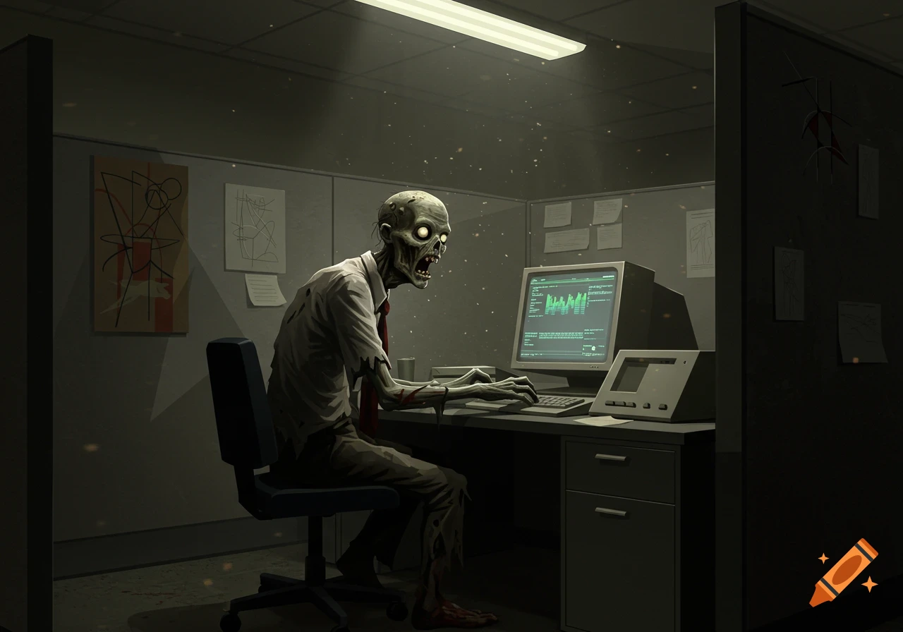 A stylized illustration of a zombie in a business shirt and tie, sitting at a computer in a dark office cubicle.
