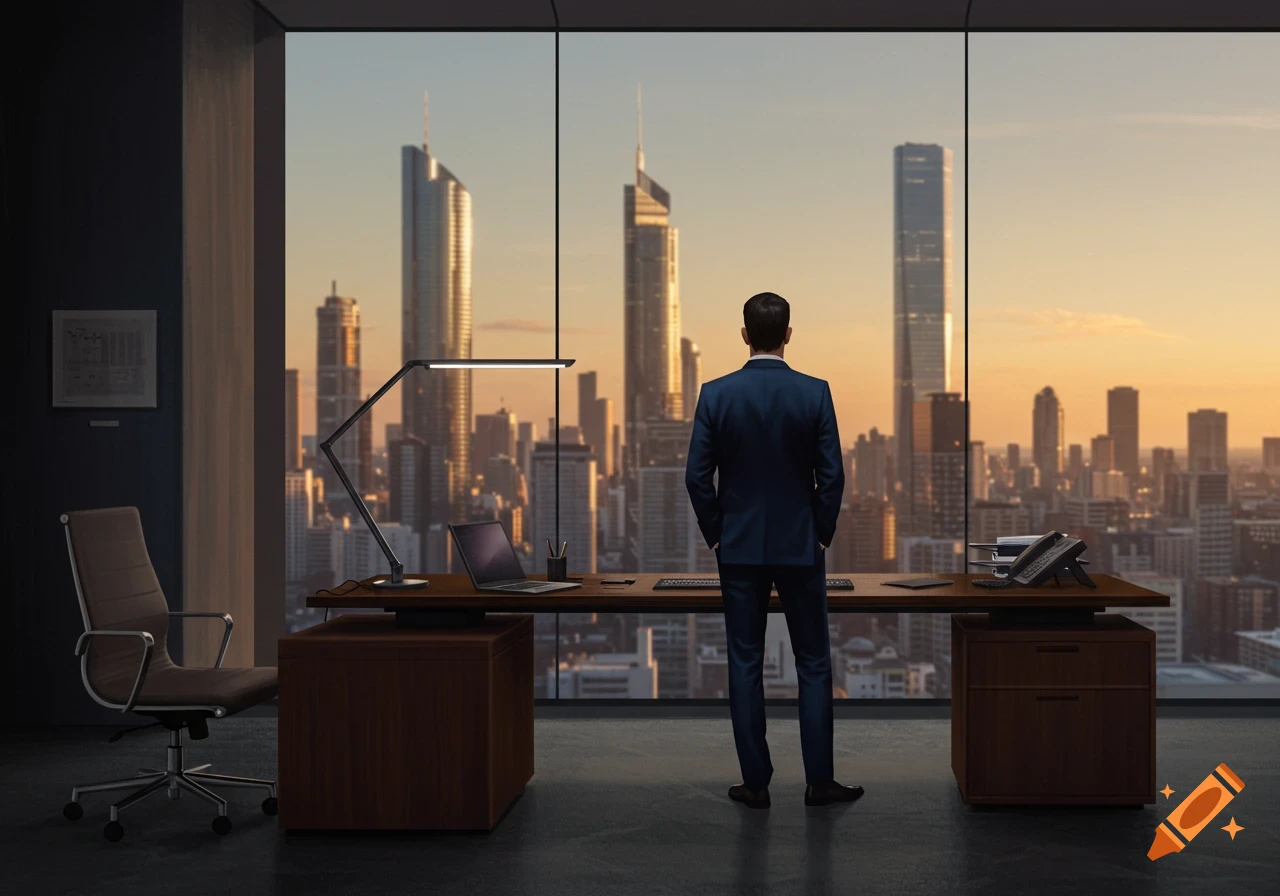 A man in a suit stands in a modern office, looking out a large window at a city skyline at sunset.