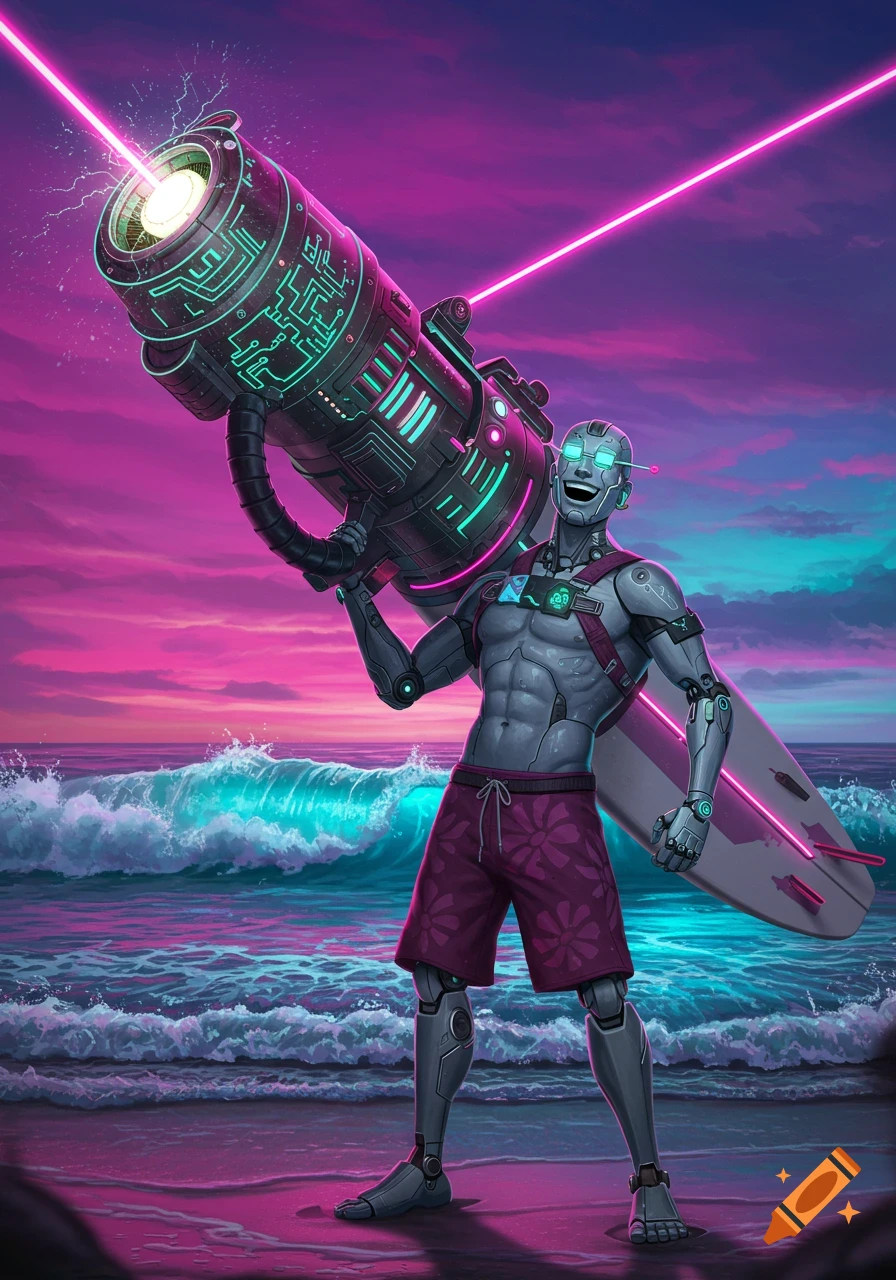 Smiling android in swim shorts holds a giant laser cannon and surfboard on a vibrant, synthwave beach at sunset.