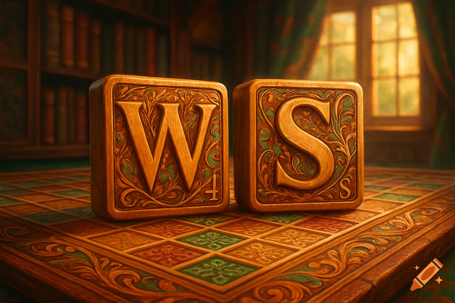 Two ornate wooden tiles, one with 'W 4' and the other with 'S', sit on a decorative wooden board in a cozy room.