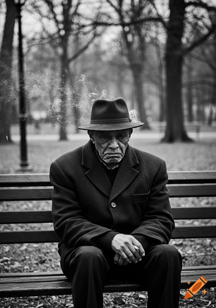 Black and white photorealistic image of a somber elderly man with a fedora, smoking a cigarette on a park bench.