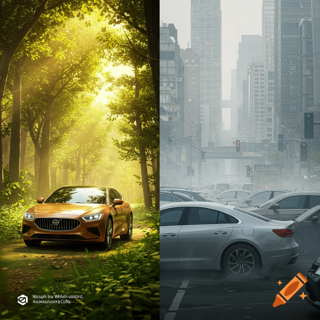 A split image showing an orange car. On the left, it drives through a sunlit forest. On the right, the same car is stuck in a traffic jam in a smoggy city.