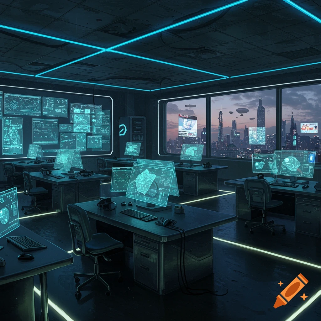 A futuristic media lab with glowing blue screens and holographic displays in a dark room overlooking a neon-lit cyberpunk city at dusk.