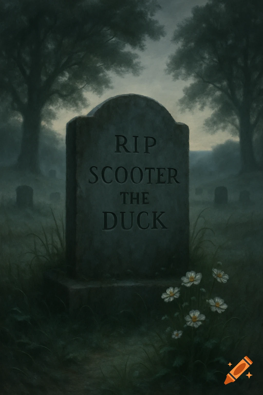A gravestone in a foggy, dark cemetery reads 'RIP Scooter the Duck', with white flowers in the foreground.
