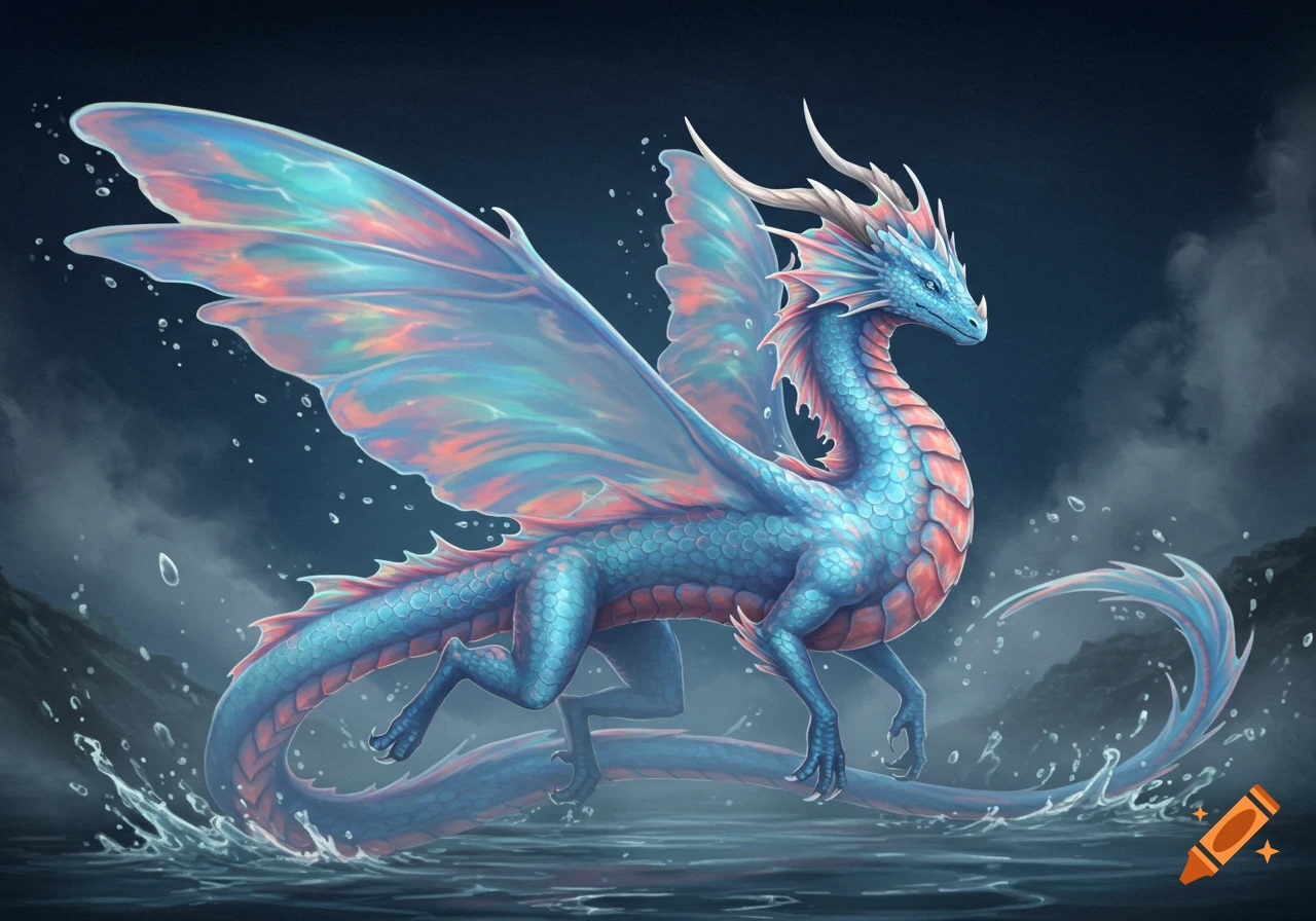A blue opalescent water dragon with shimmering, iridescent wings and white horns stands in splashing water in a dark fantasy setting.
