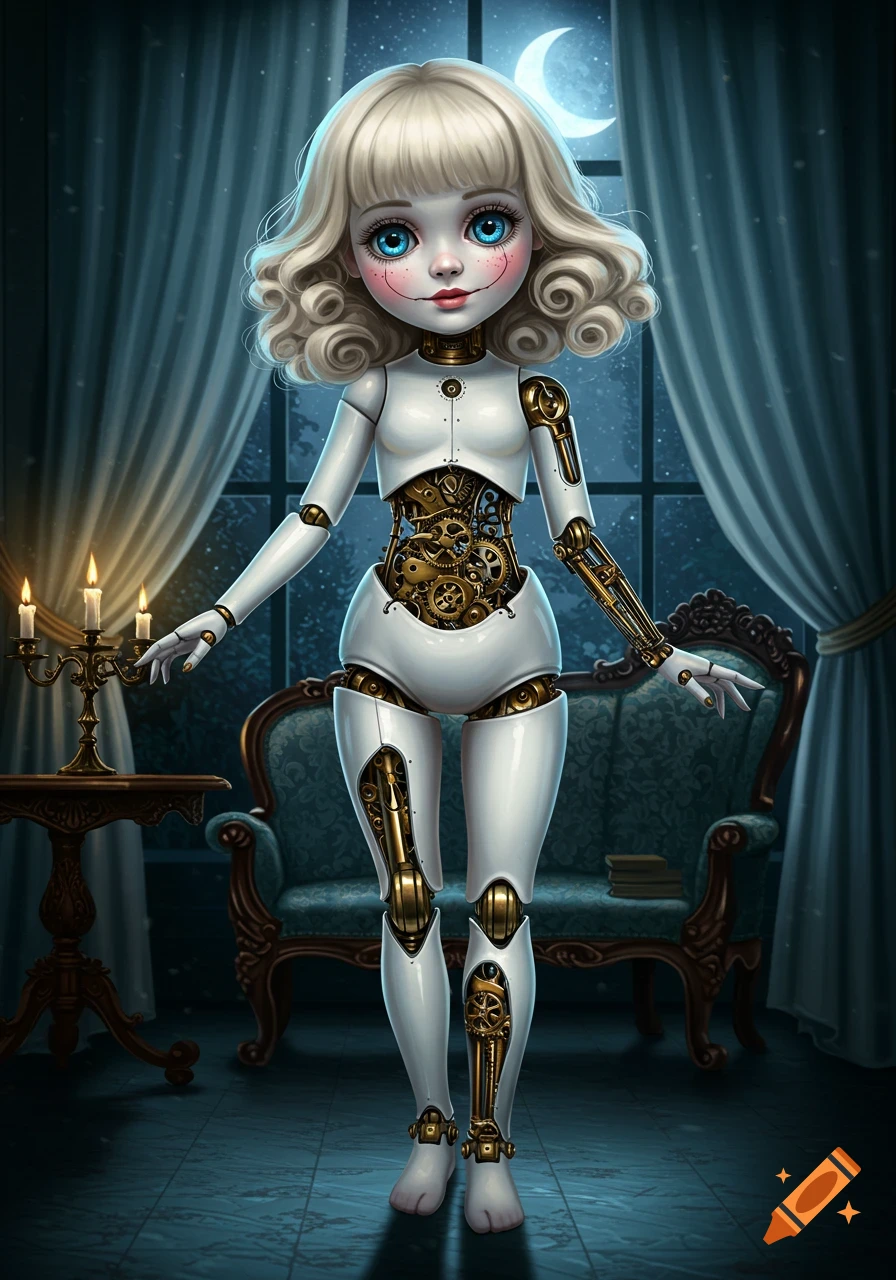 A blonde, blue-eyed human-sized porcelain clockwork doll with exposed gears stands in a dimly lit, gothic room with a moonlit window.