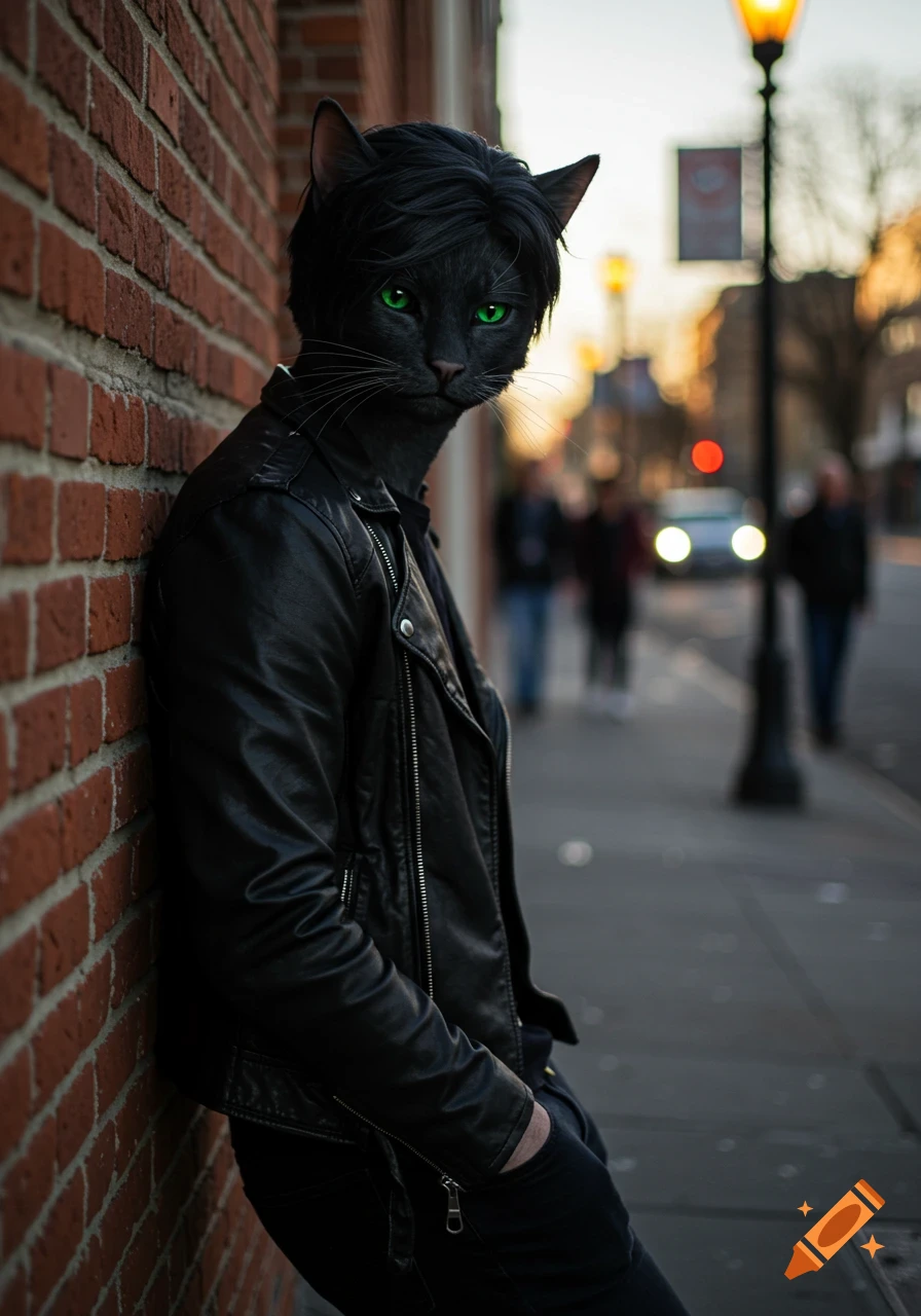 A black cat with green eyes and dark hair on a human-like body wearing a leather jacket leans against a brick wall on a city street.