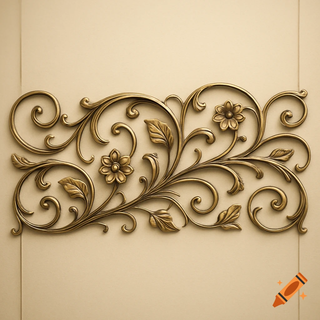 An ornate bronze metal relief sculpture of swirling vines, leaves, and flowers against a light background.