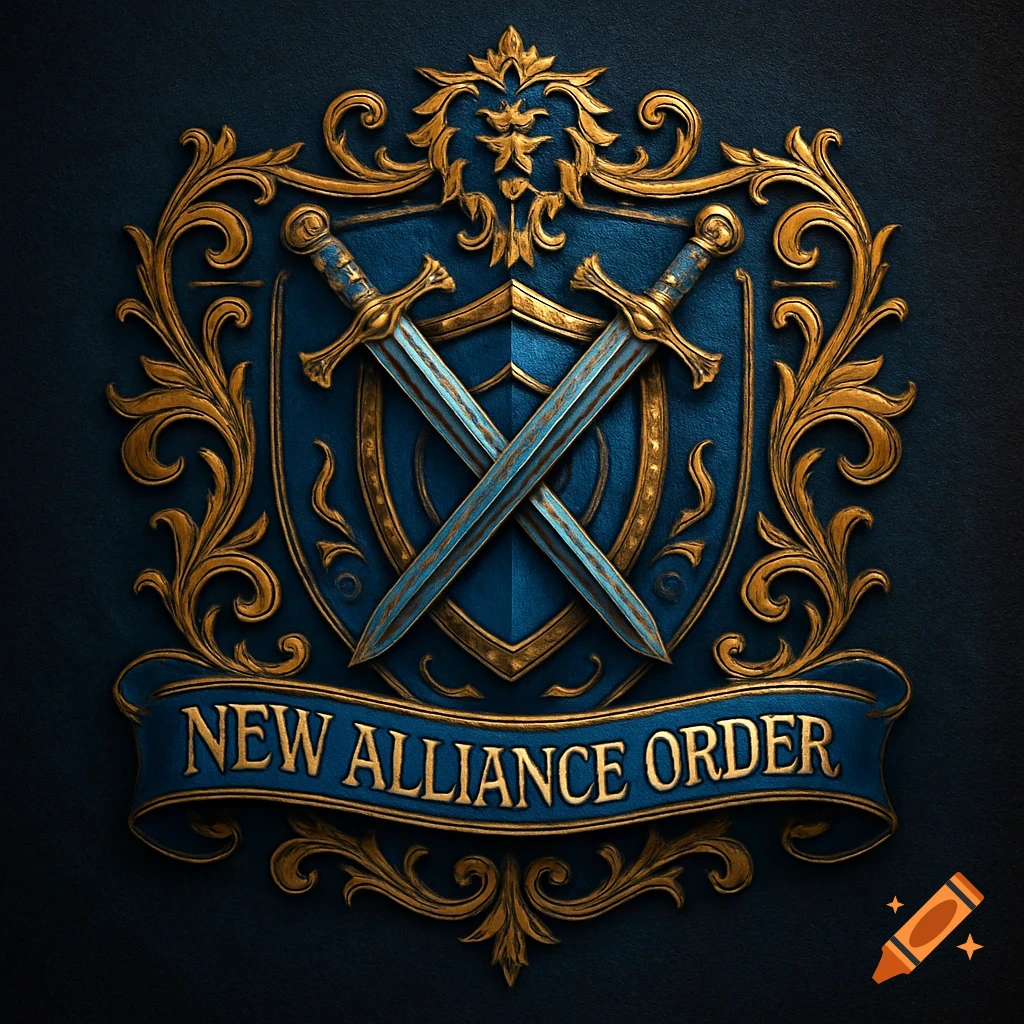 Detailed blue and gold fantasy emblem featuring crossed swords over a shield, with a banner inscribed 'NEW ALLIANCE ORDER'.