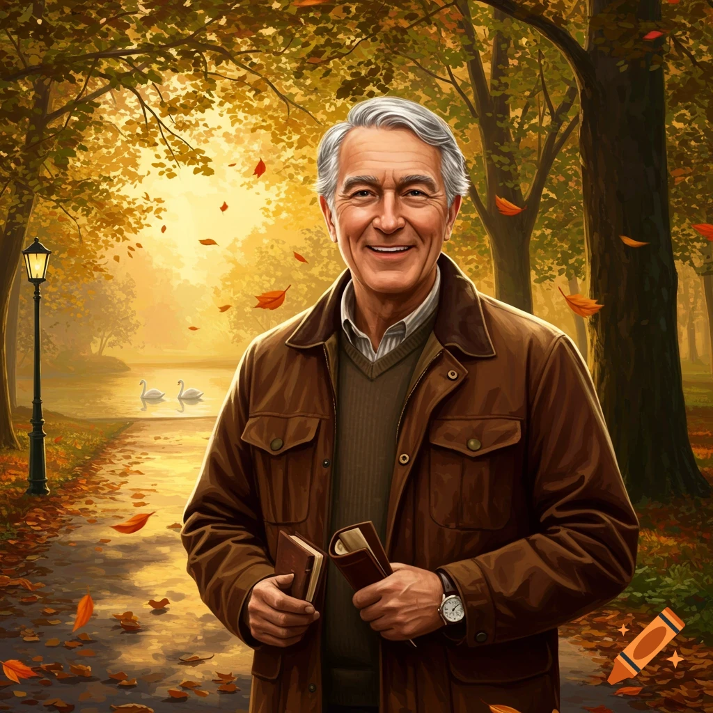 Smiling elderly man in a brown jacket holds books on a leaf-strewn path in a sunny autumnal park with swans, painterly style.