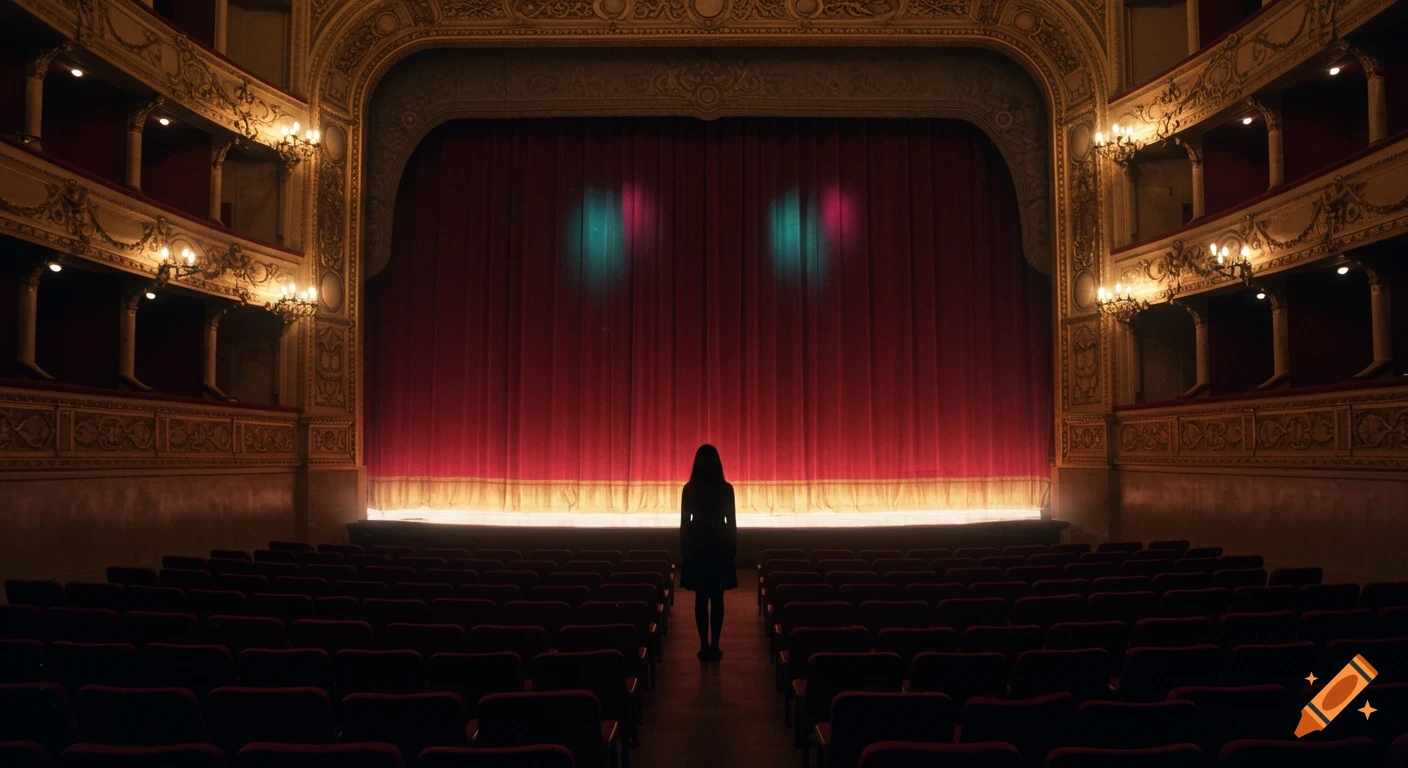 A solitary girl stands centered in an empty, ornate opera house, facing a closed red velvet curtain, in a dramatic, photorealistic shot.