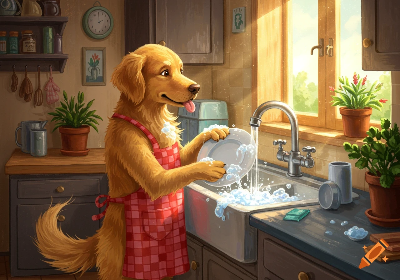 A Golden Retriever dog wearing a red checkered apron washes dishes in a sunny kitchen, with bubbles and water splashing in the sink.