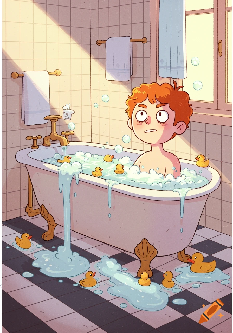 A confused, red-haired boy in a bubble bath with overflowing water and rubber ducks, in a children's book illustration style.