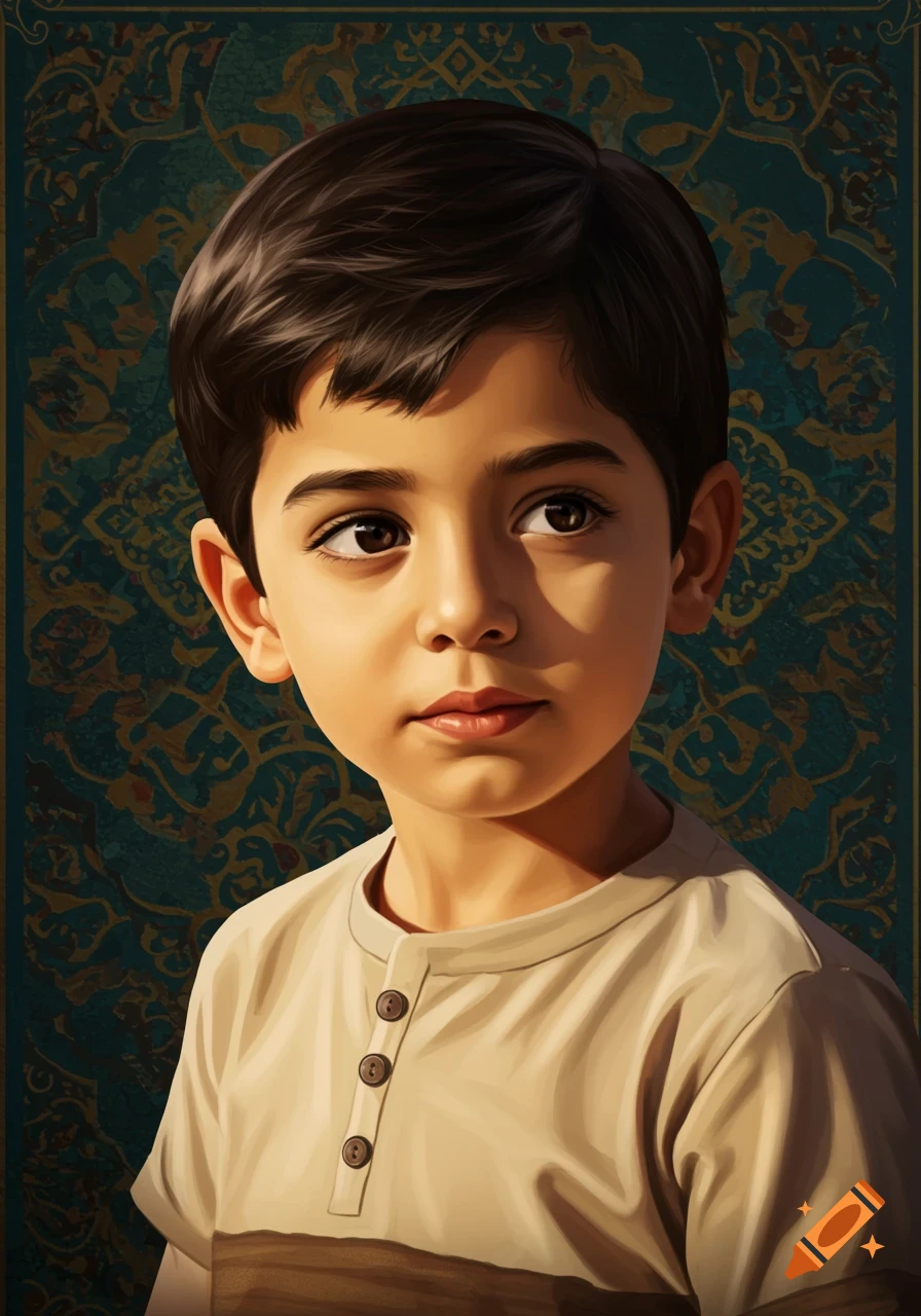 A digital painting portrait of a young boy with dark hair and brown eyes, looking right, against an ornate teal and gold background.