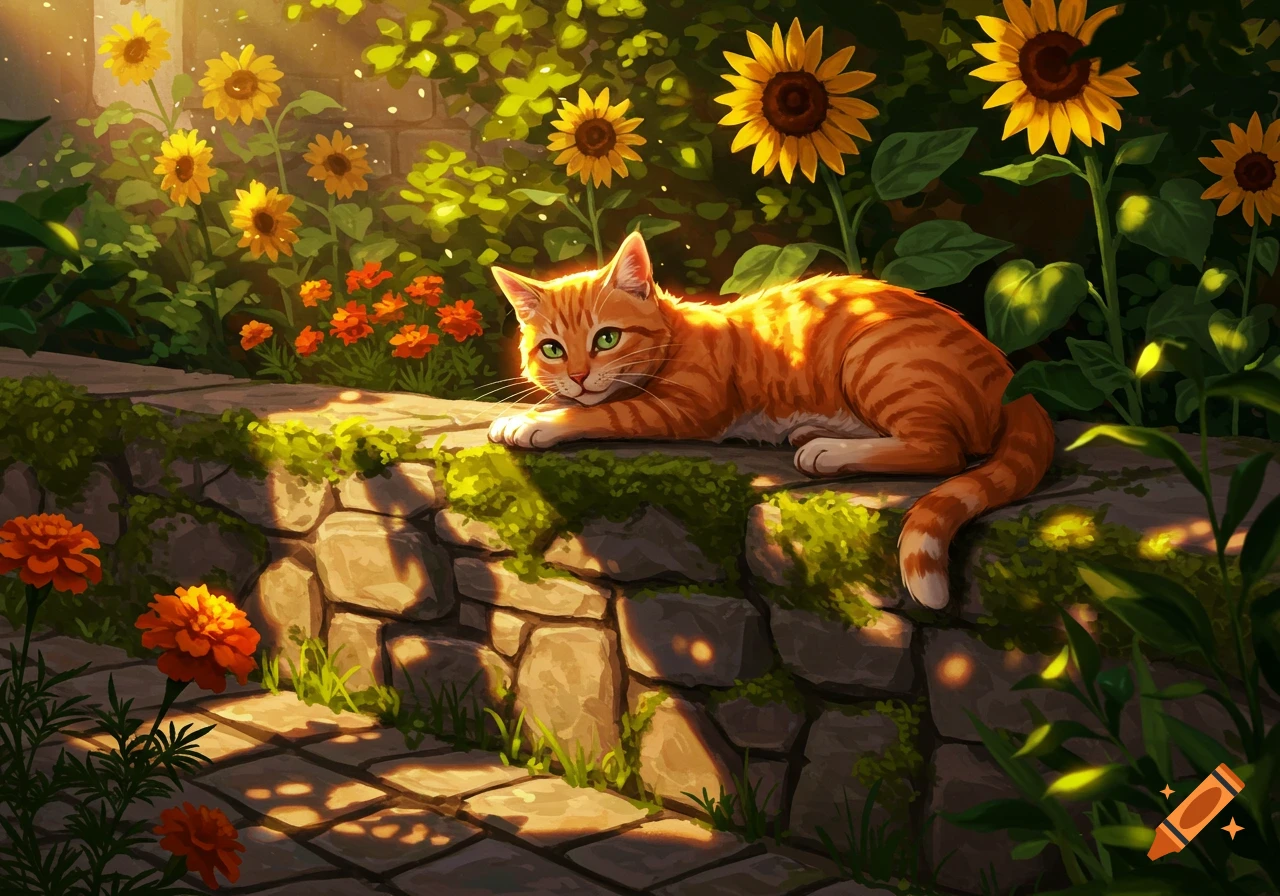 An orange cat with green eyes lies on a stone wall covered in moss, surrounded by bright yellow sunflowers and orange marigolds in a sunlit garden, in a painterly style.