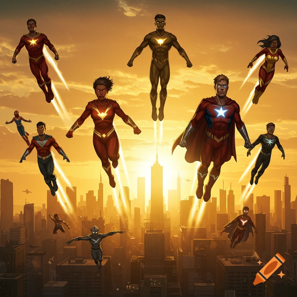 A group of diverse superheroes flying over a bustling city at sunset, rendered in a comic book art style.