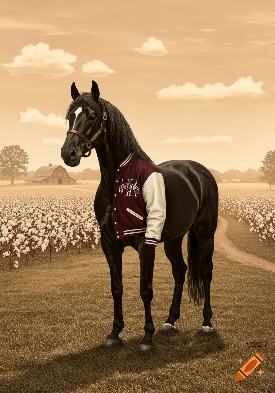 A black horse wearing a maroon and white letterman jacket stands in a cotton field with a barn in the background under a sepia sky, in a painted style.