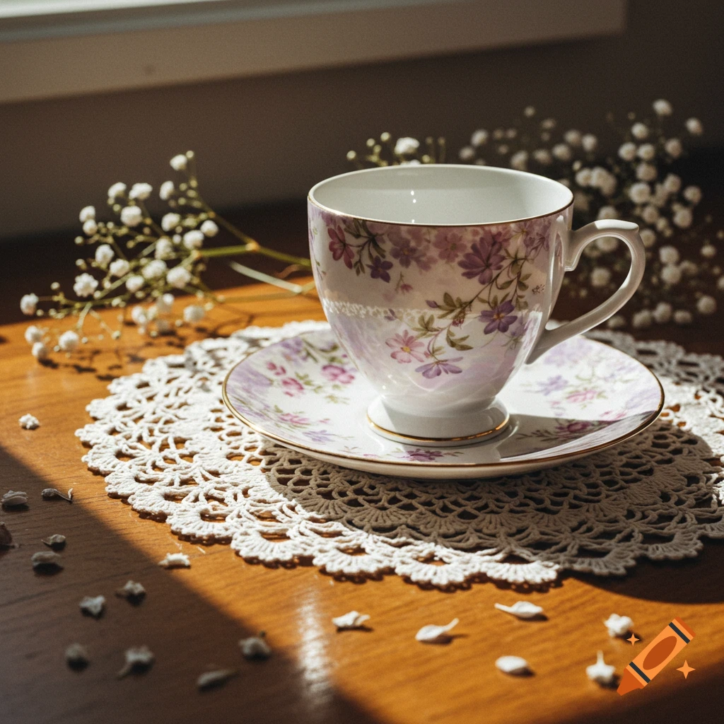 A white teacup with purple floral patterns sits on a white crocheted doily on a wooden table, with baby's breath. Photorealistic.