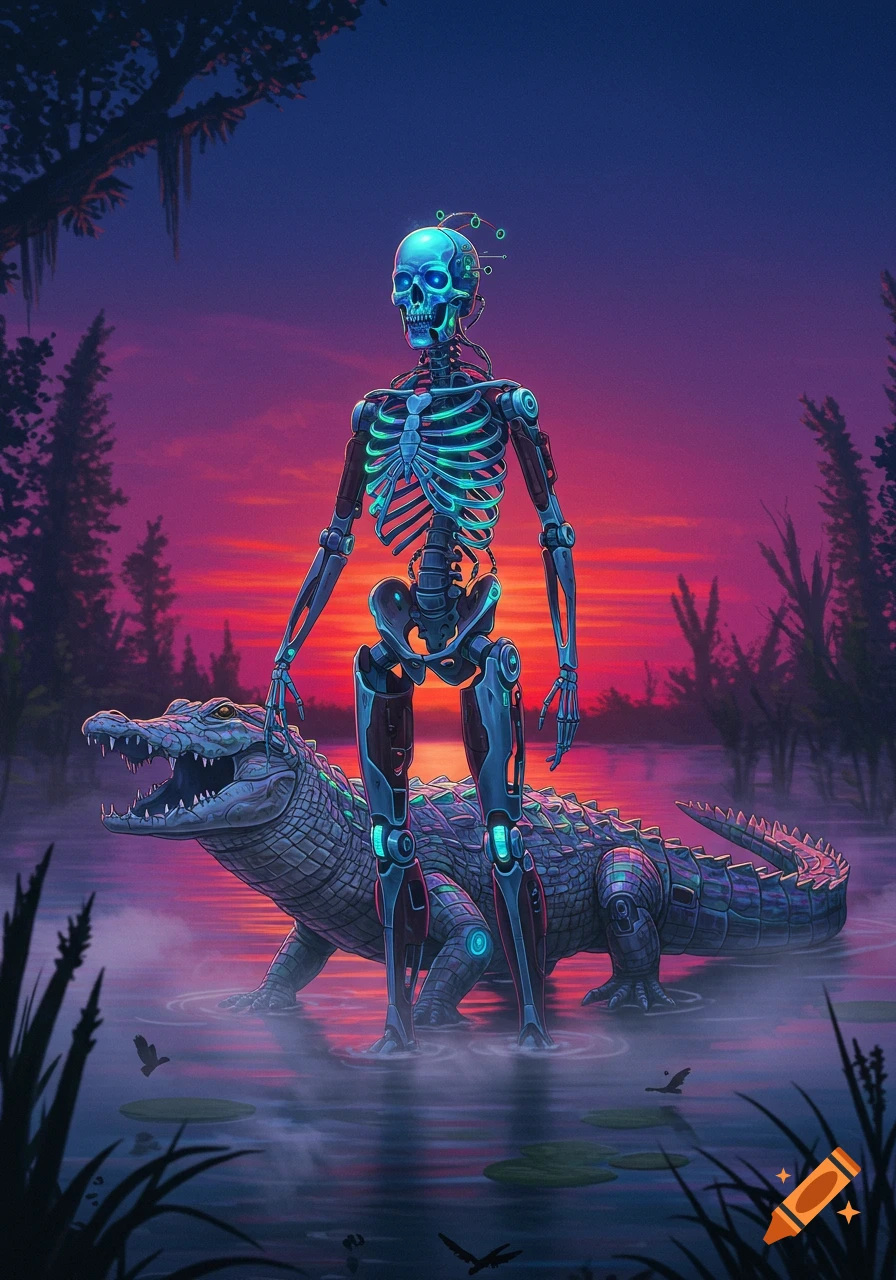 A neon blue robotic skeleton stands on the back of a large alligator in a swamp at sunset, with a vibrant pink and purple sky.