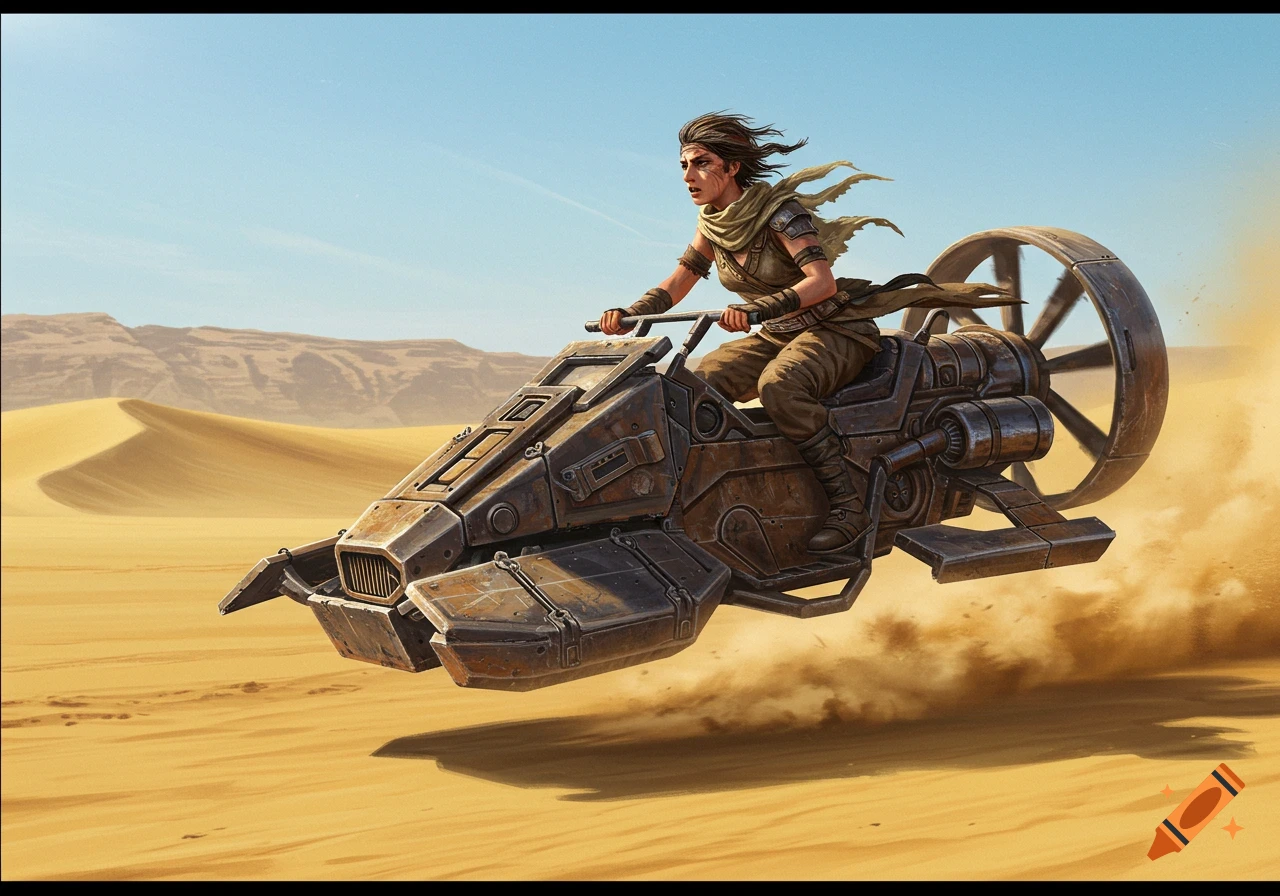 A female mercenary rides a scrap metal hovercraft across a vast desert landscape, with mountains in the background.