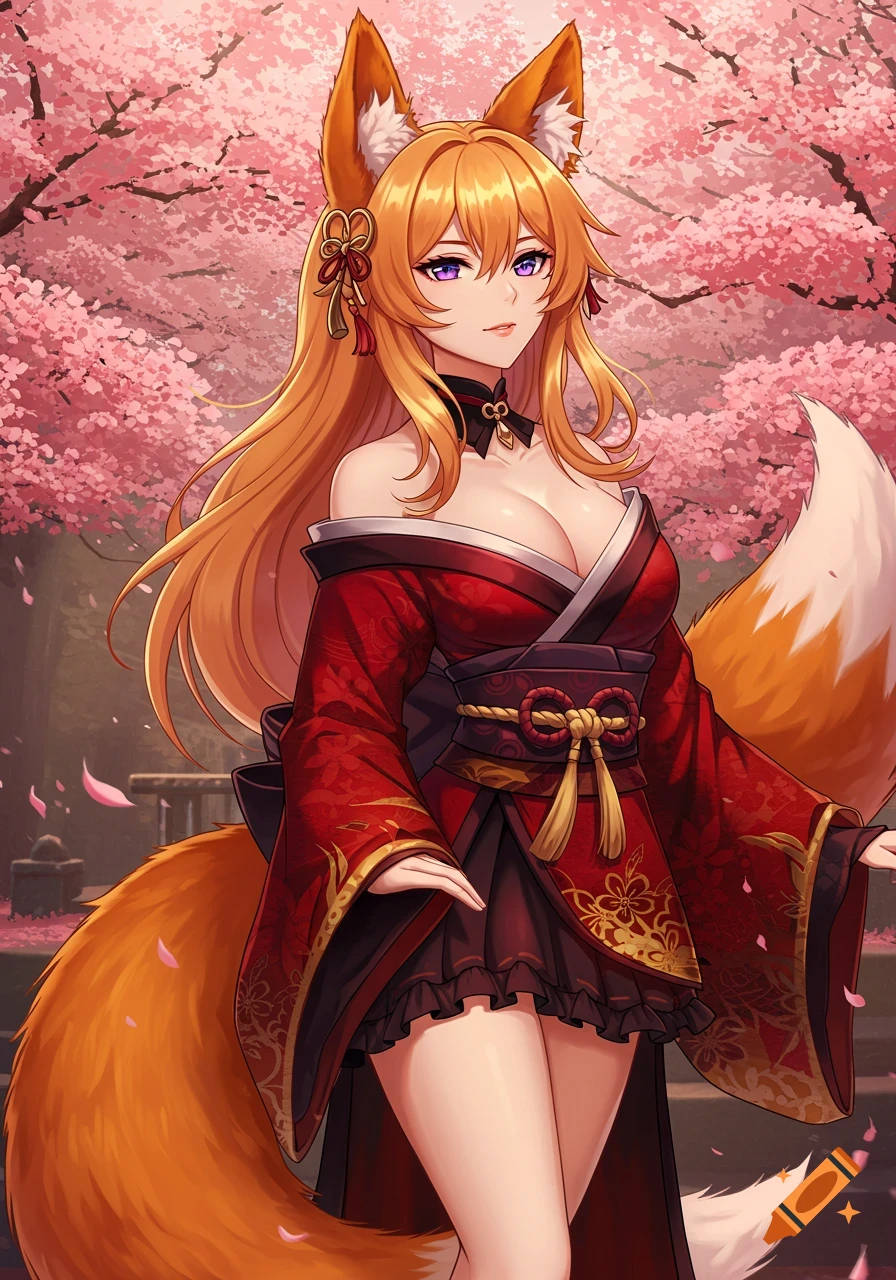 Anime fox girl with long orange hair, fox ears and tail, wearing a red kimono, standing under pink cherry blossom trees.