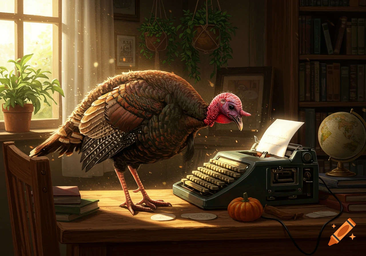 A photorealistic turkey with a red wattle types on a vintage typewriter at a sunlit wooden desk in a cozy room.
