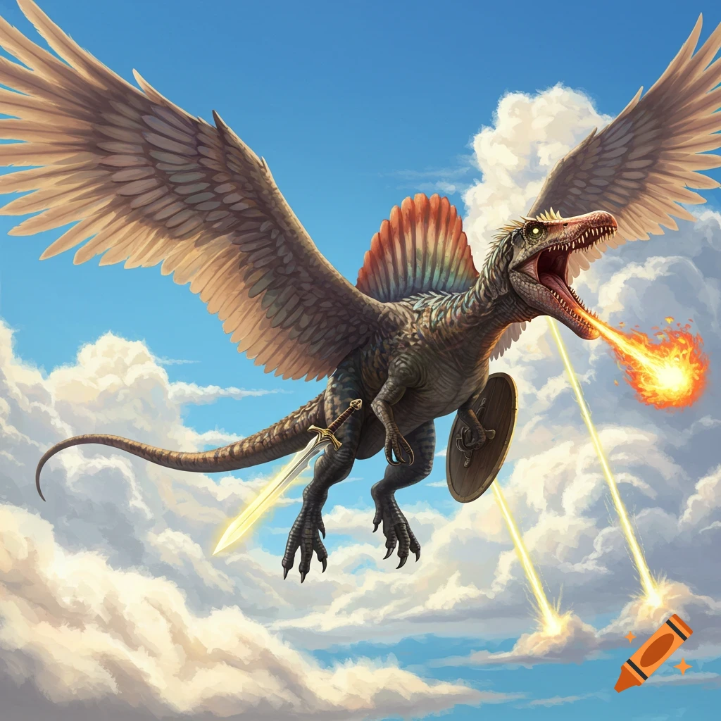 A majestic winged Spinosaurus flies through a blue sky with clouds, breathing fire, shooting laser beams, and carrying a sword and shield.