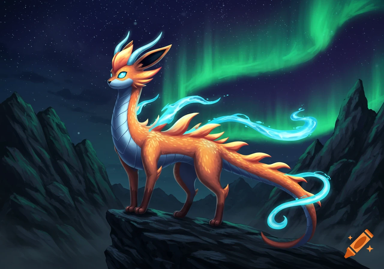 Stylized orange and blue dragon-like creature on a cliff under a starry sky with green aurora borealis.