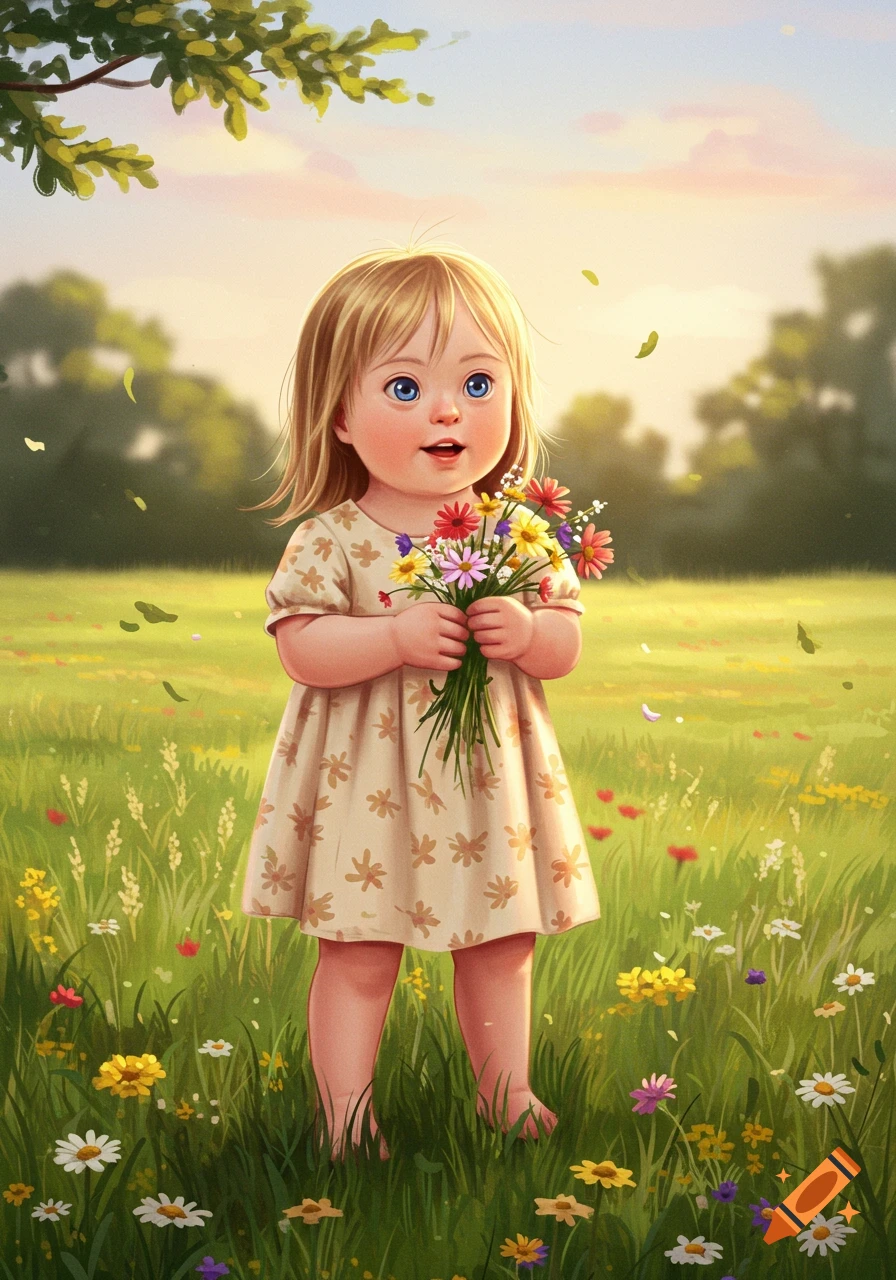 Illustrated child with Down syndrome holding a bouquet of wildflowers in a sunny field.