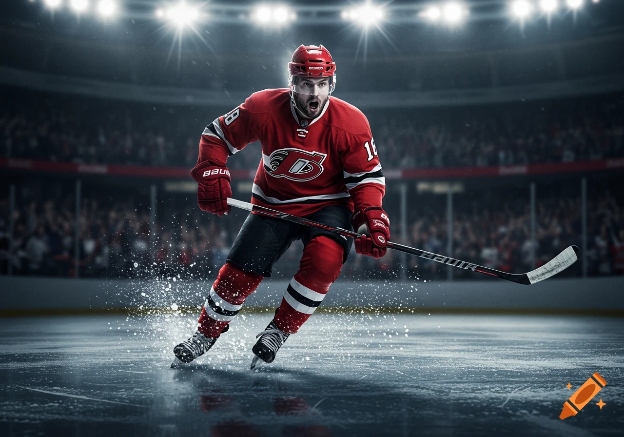 A photorealistic hockey player in a red jersey skates on an ice rink, kicking up ice chips in a brightly lit stadium.