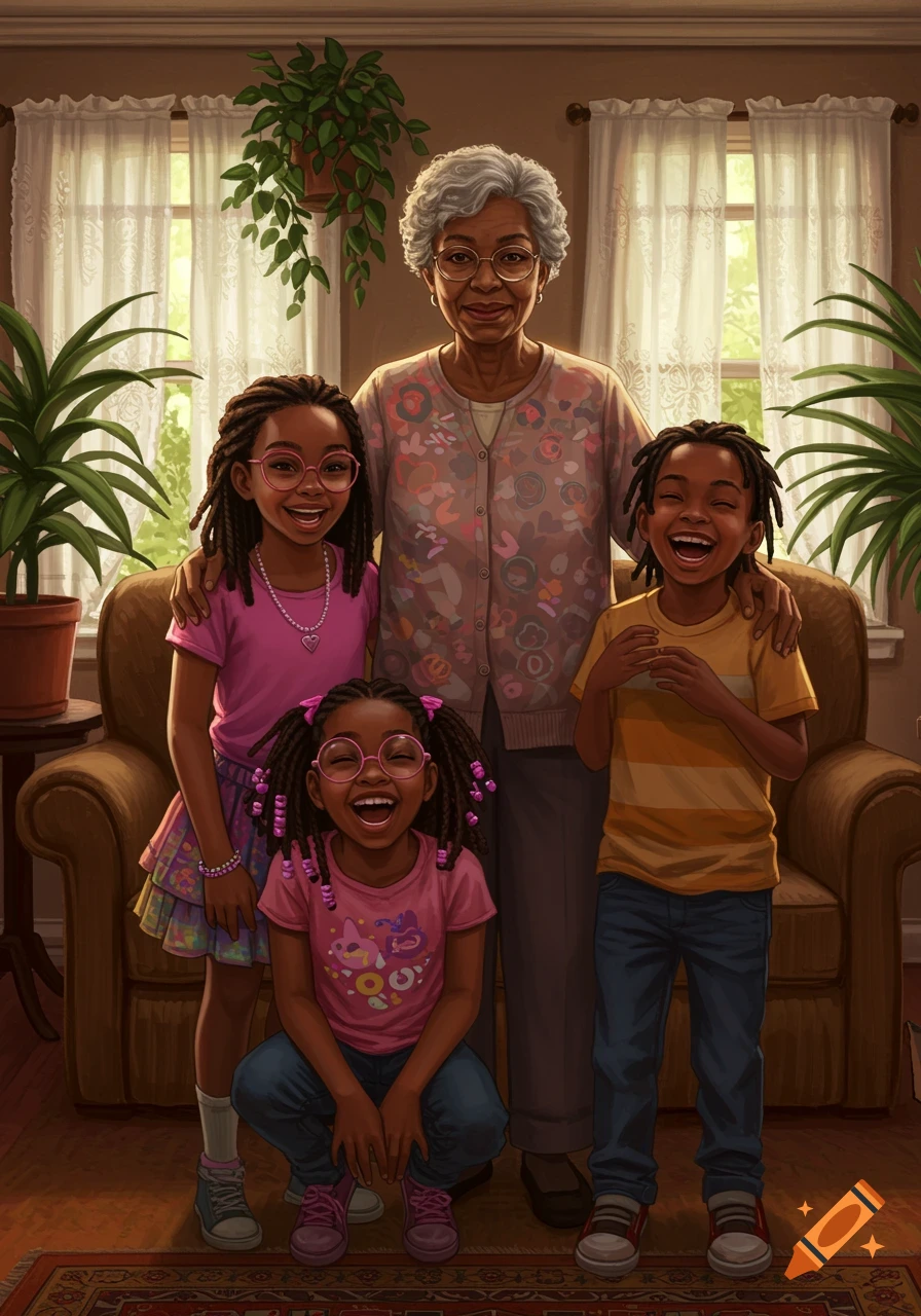 An illustrated family portrait of a smiling African American grandmother with her three laughing grandchildren in a cozy living room.
