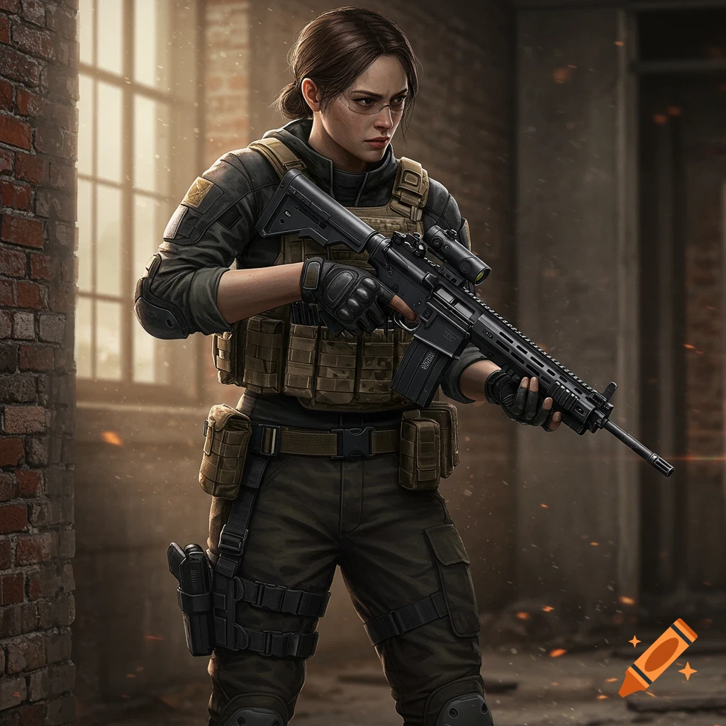A woman in dark tactical gear and goggles holds a rifle in a dusty, dilapidated building, looking alert.