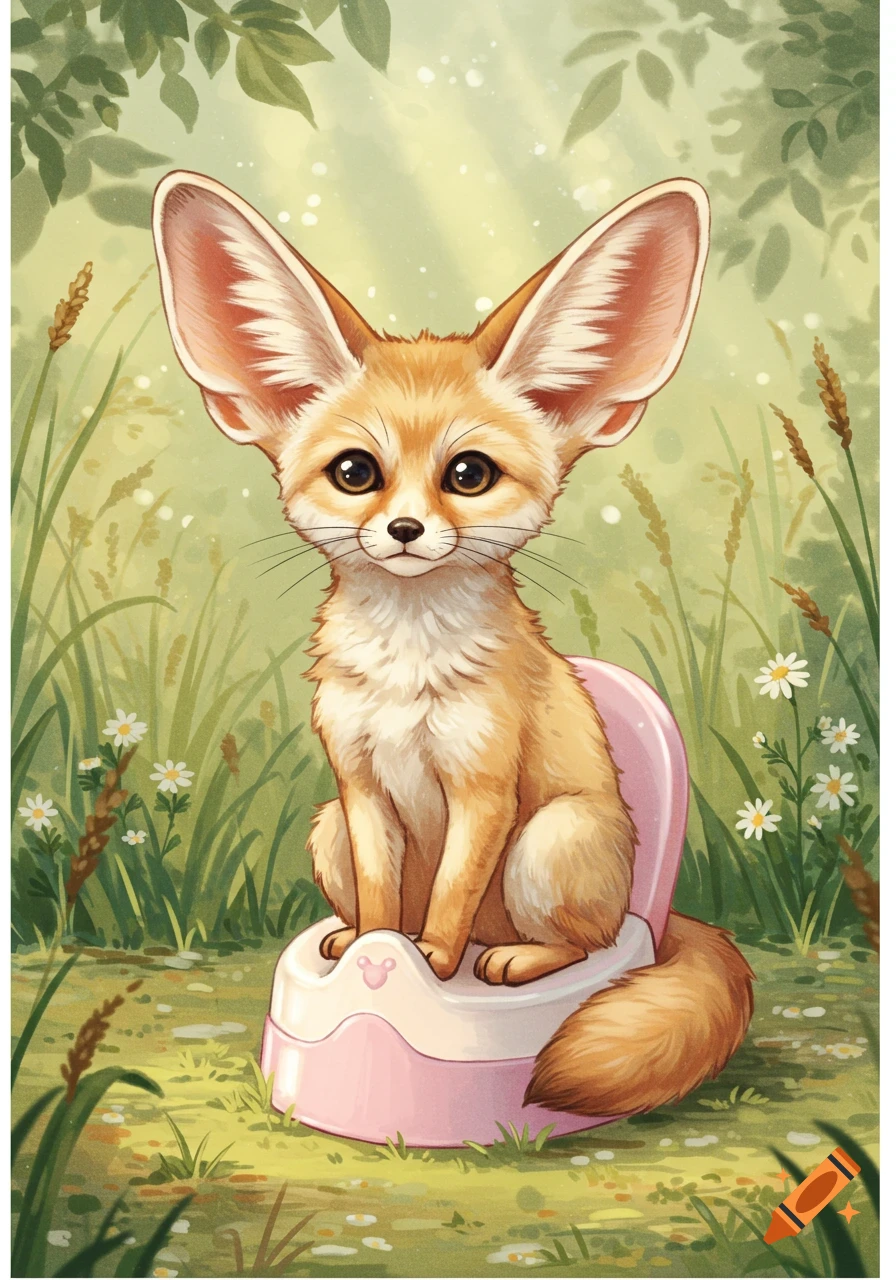 A cute fennec fox with large ears sits on a pink potty training chair in a grassy field with white flowers, in an illustration style.