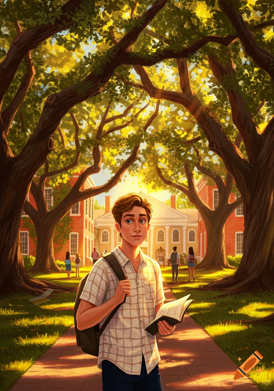 An illustration of a young male student with a backpack and book on a sunny university campus path lined with large trees and buildings.