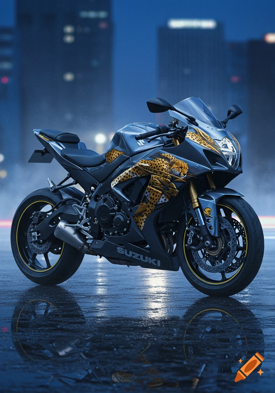 A dark gray Suzuki sportbike with gold cheetah graphics on its fairings is parked on a wet city street at night.