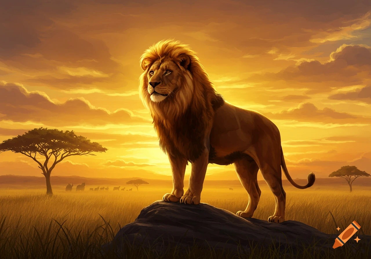 A majestic lion stands on a rock in a savanna at sunset, with acacia trees and other animals in the golden distance.