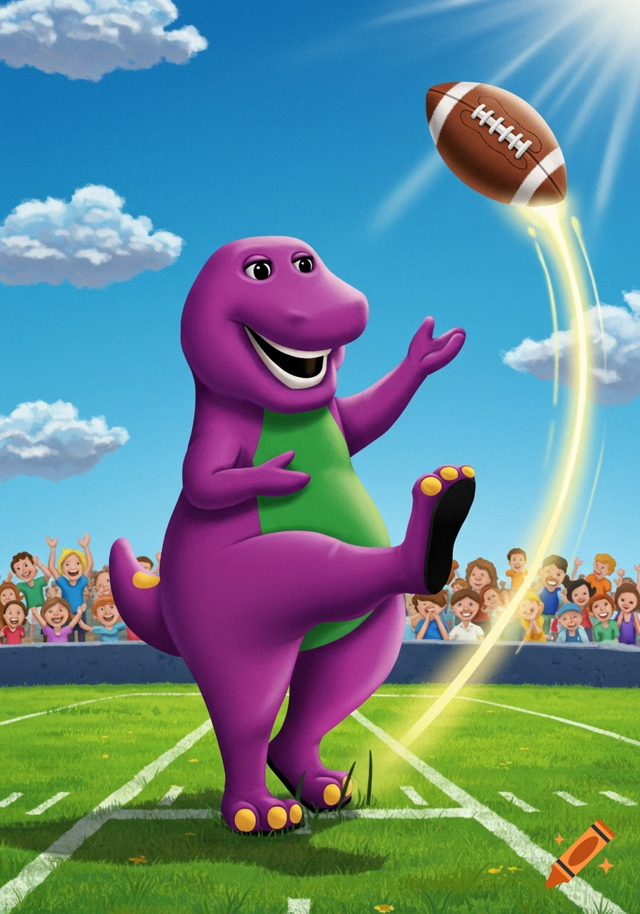 Barney the purple dinosaur smiling and kicking a football on a green field, with cheering children in the background.