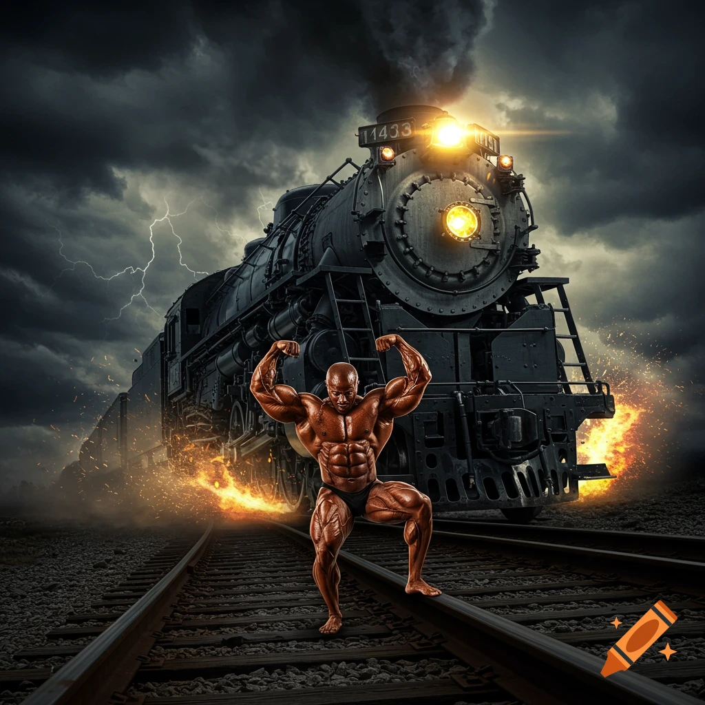 Muscular bodybuilder poses on train tracks as a fiery train approaches under a stormy, lightning-filled sky.