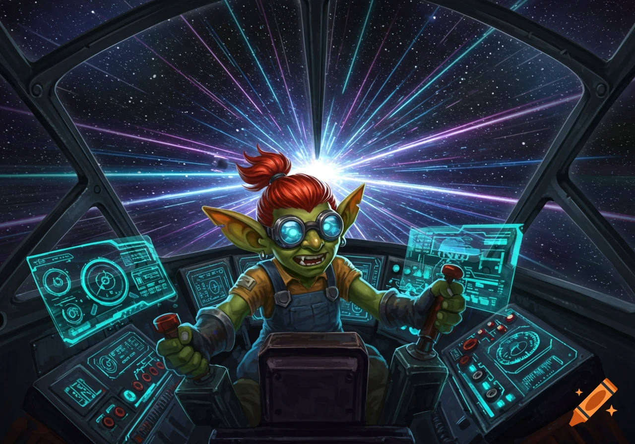 A red-headed goblin mechanic pilots a futuristic spaceship through hyperspace, with glowing controls surrounding them.