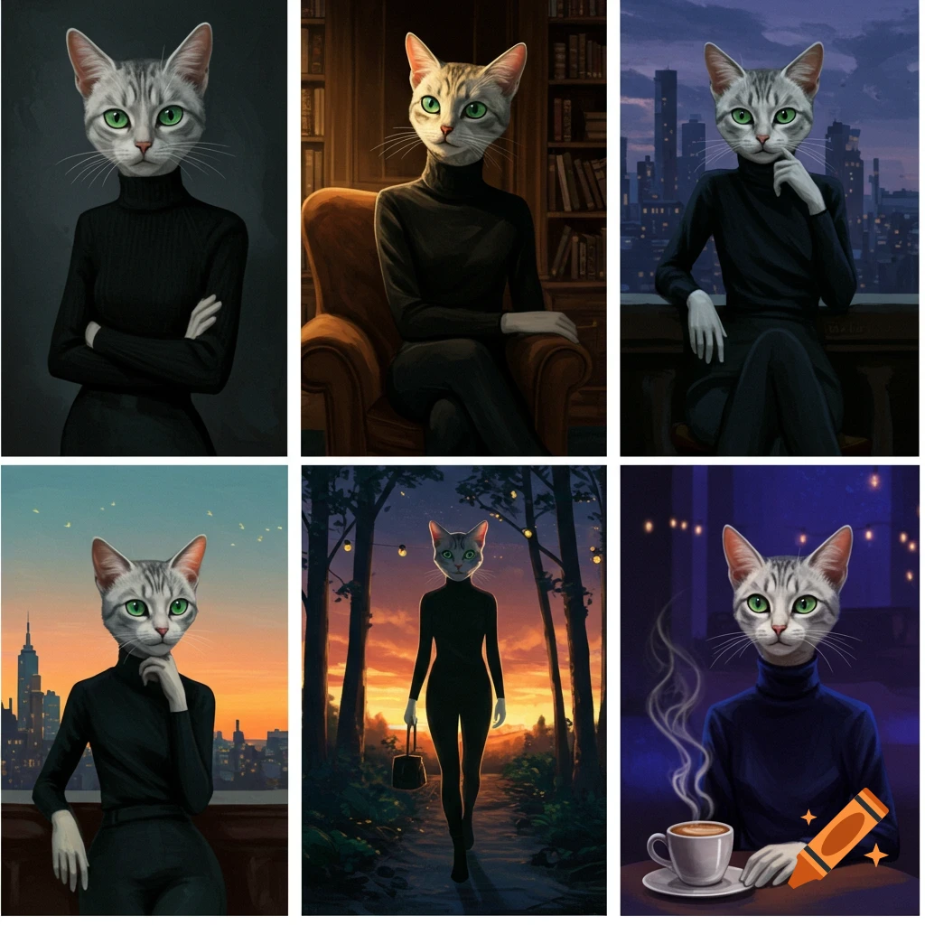 A grid of six illustrations showing a silver tabby cat's head on human bodies, each wearing a black turtleneck in different settings like a library, cityscape, forest, and cafe.