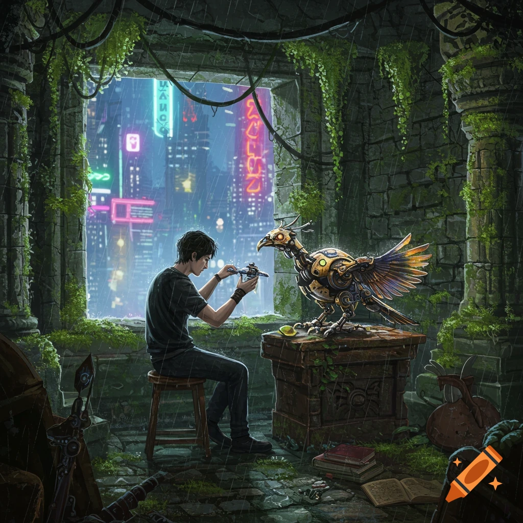 A man repairs an intricate mechanical bird in moss-covered ruins, overlooking a rainy neon-lit cyberpunk city, in a detailed digital art style.