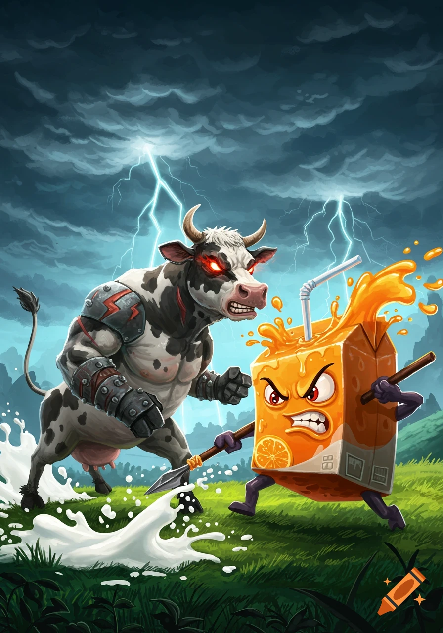 A muscular, angry cow with glowing red eyes fights an aggressive orange juice box in a stormy, grassy field with lightning.